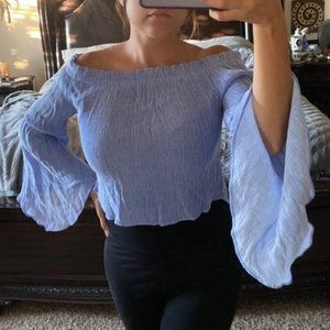 Off the shoulder, blue ruched bandeau top